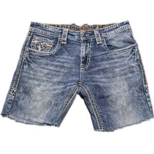 Rock Revival Ecton Slim Boot Denim Shorts Size 34 Distressed Cut-Off Jean Shorts
